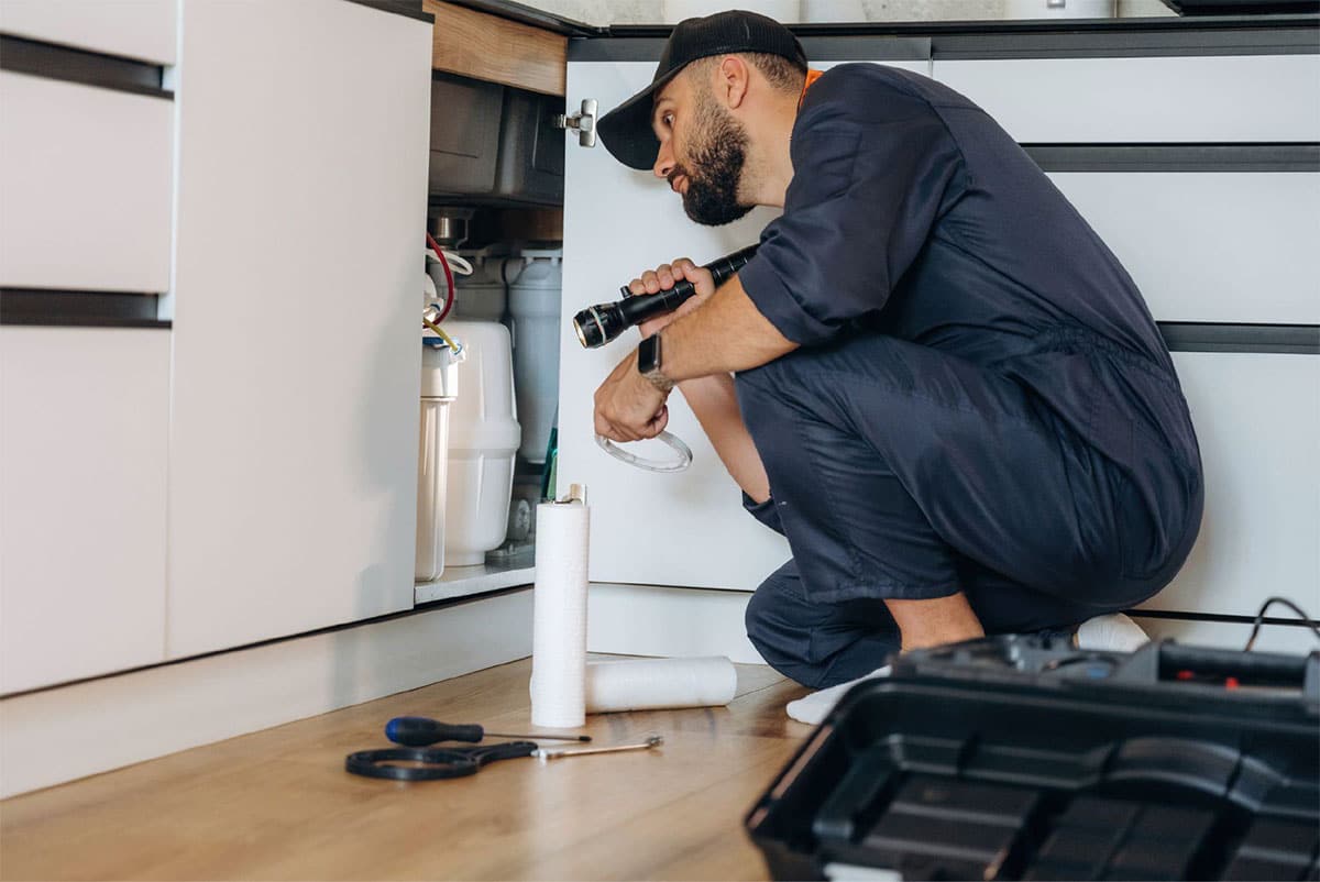 Professional plumber performing residential water leak repair in a Richardson TX home