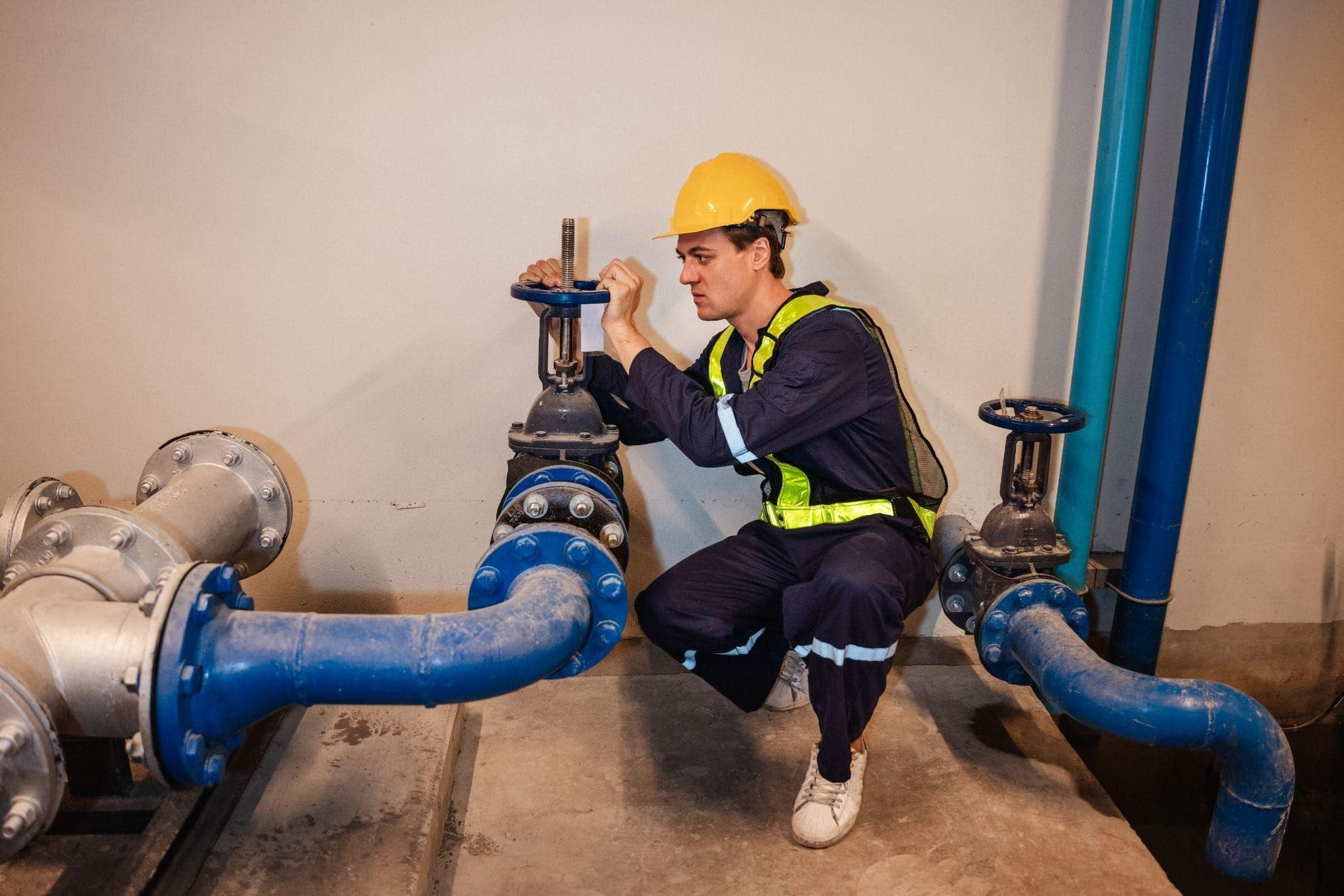 Technician adjusting main water valve during plumbing inspection in Dallas