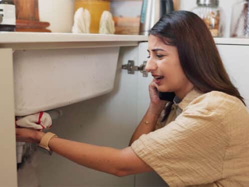 Worried Richardson TX homeowner calling a plumber after finding a water leak under the kitchen sink