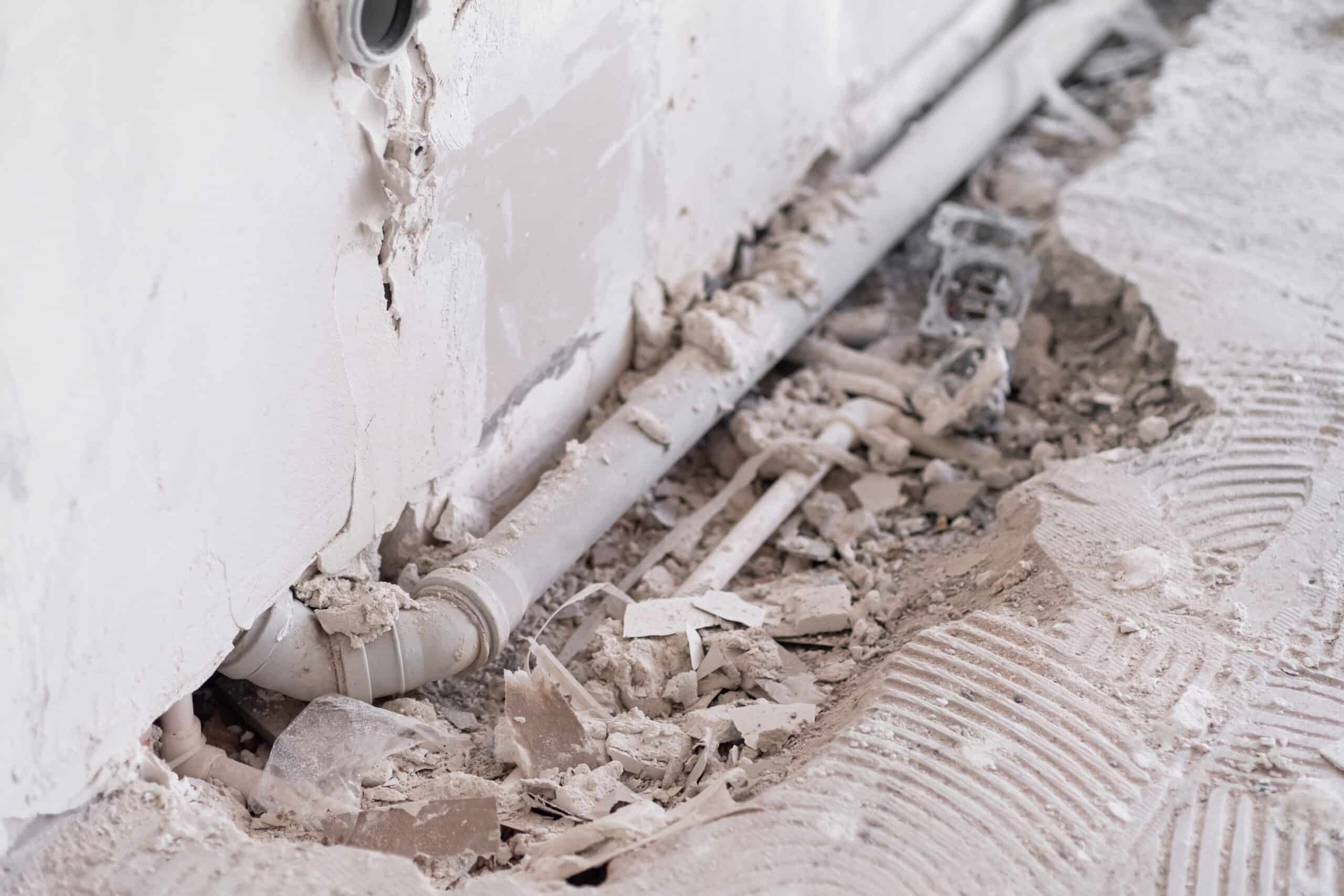 Exposed drain pipe and broken wall during plumbing repair—damage homeowners may notice when checking signs of a slab leak before slab leak detection Dallas service.