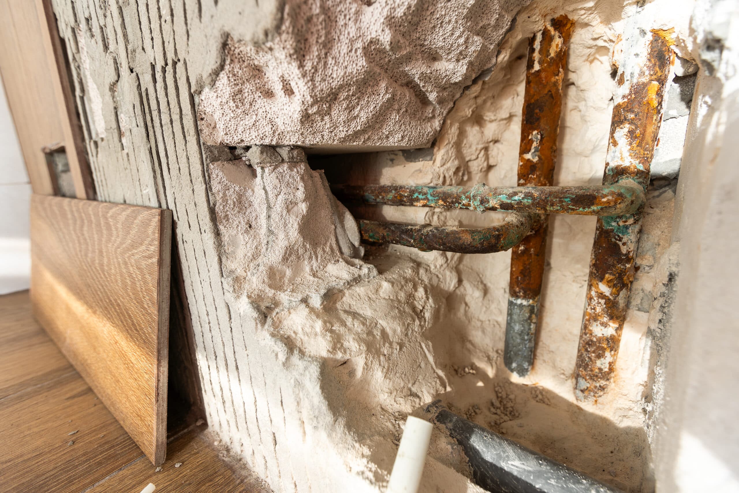Water-damaged wall with exposed corroded plumbing—possible signs of a slab leak and Dallas foundation plumbing leaks in an older home.